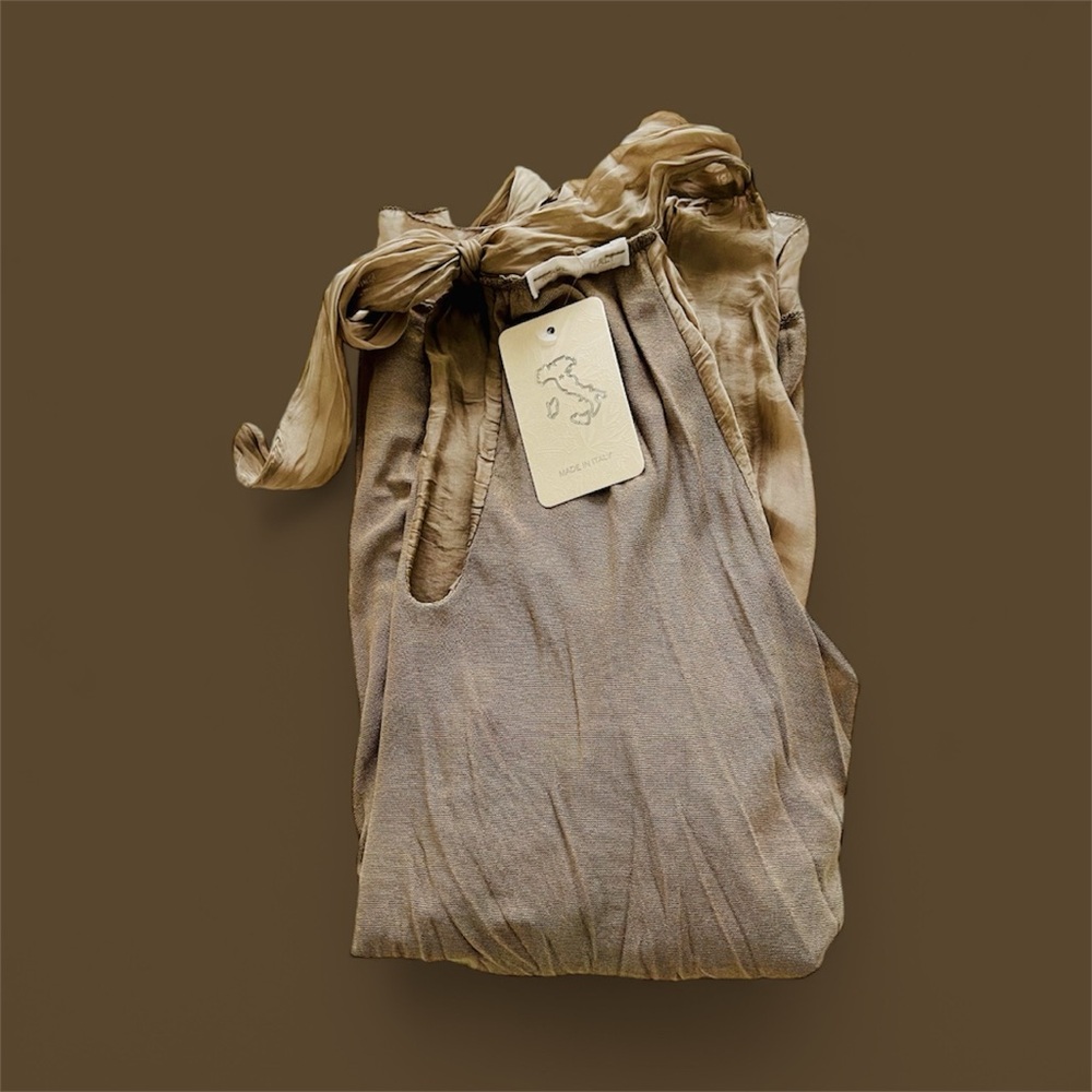 Gigi Moda Chic Silk Sleeveless Tie Neck & Keyhole Blouse | Taupe | 2-12 | New